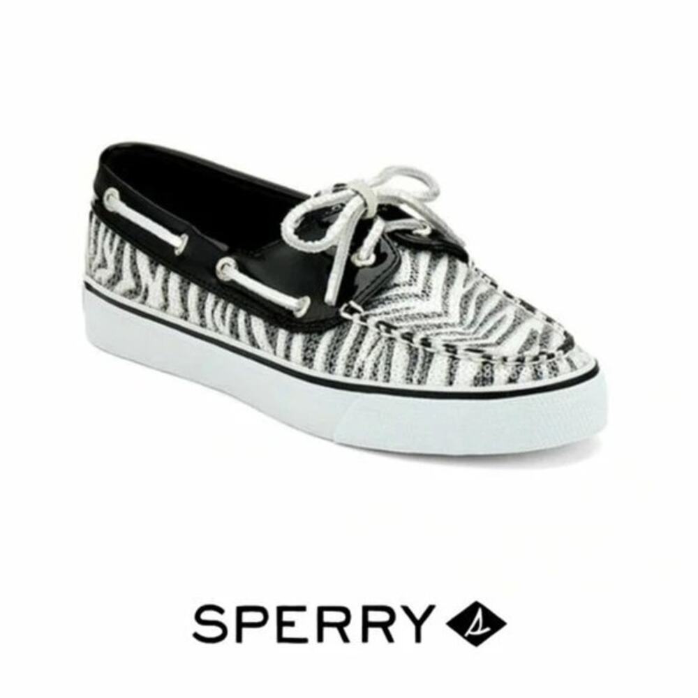 Sperry Sequin Animal Print Boat Shoes Size 6 Patent Leather Lace up Black White